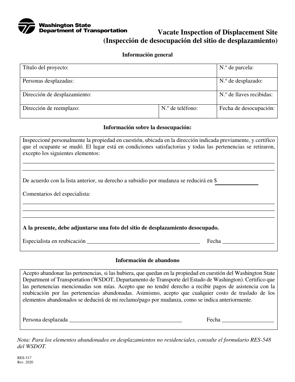 Formulario RES-517 Inspeccion De Desocupacion Del Sitio De Desplazamiento - Washington (Spanish), Page 1
