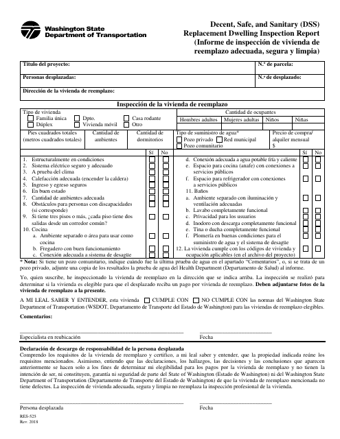 Formulario RES-525 Informe De Inspeccion De Vivienda De Reemplazo Adecuada, Segura Y Limpia - Washington (Spanish)