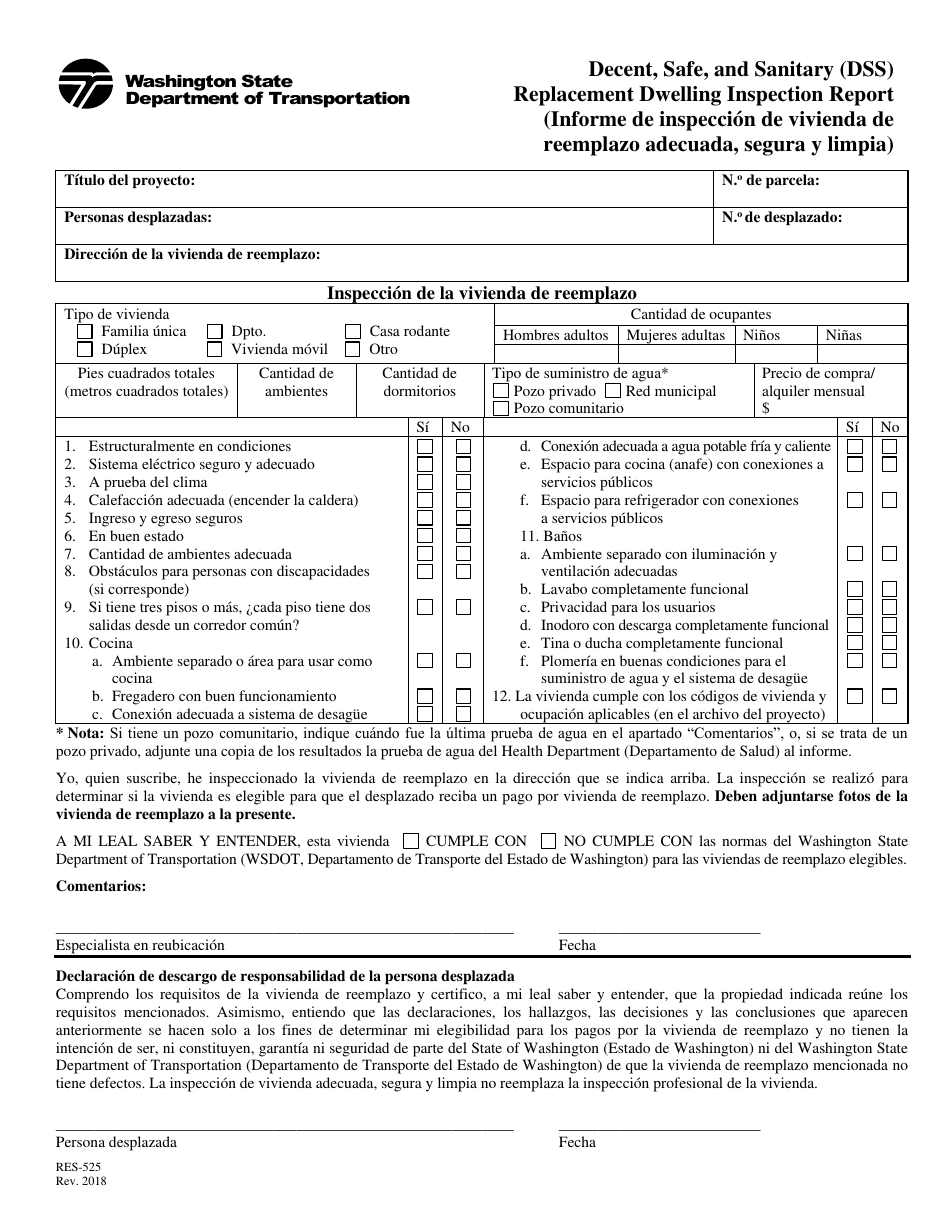 Formulario RES-525 Informe De Inspeccion De Vivienda De Reemplazo Adecuada, Segura Y Limpia - Washington (Spanish), Page 1