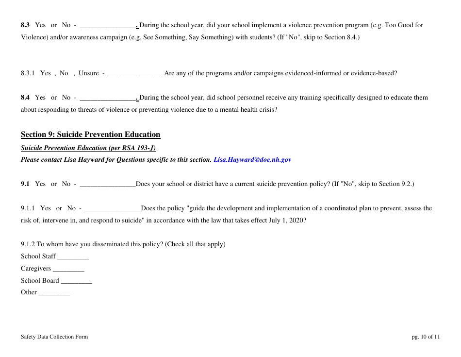 School Safety Data Collection Form - New Hampshire, Page 10