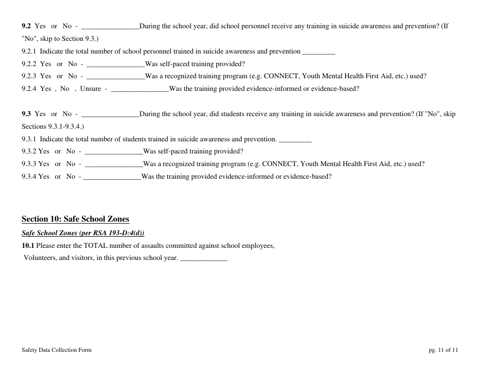 School Safety Data Collection Form - New Hampshire, Page 11