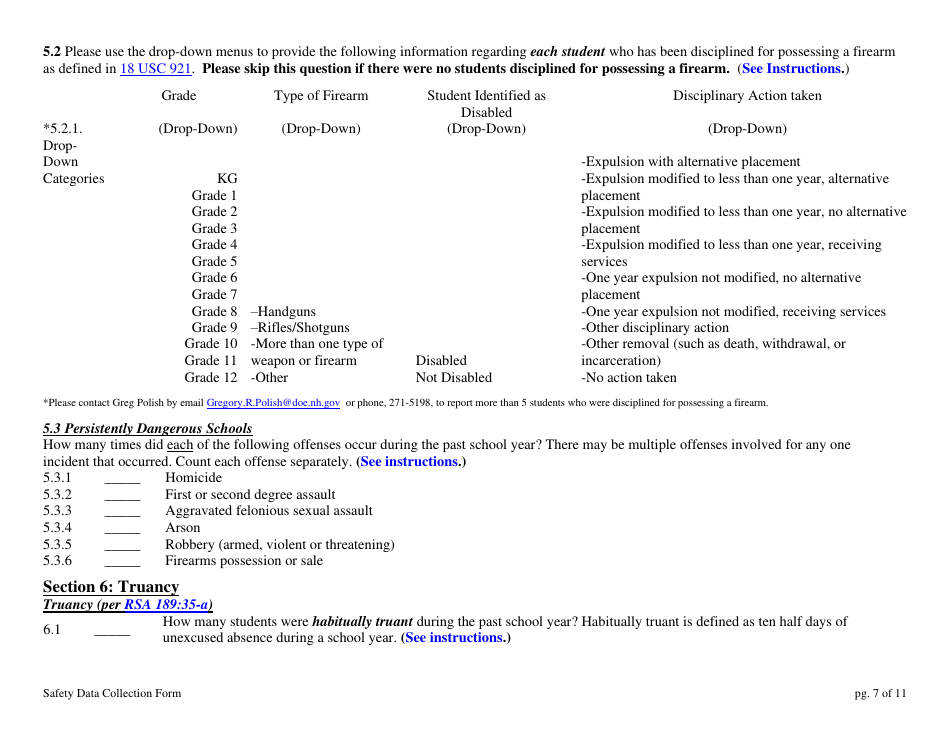 School Safety Data Collection Form - New Hampshire, Page 7