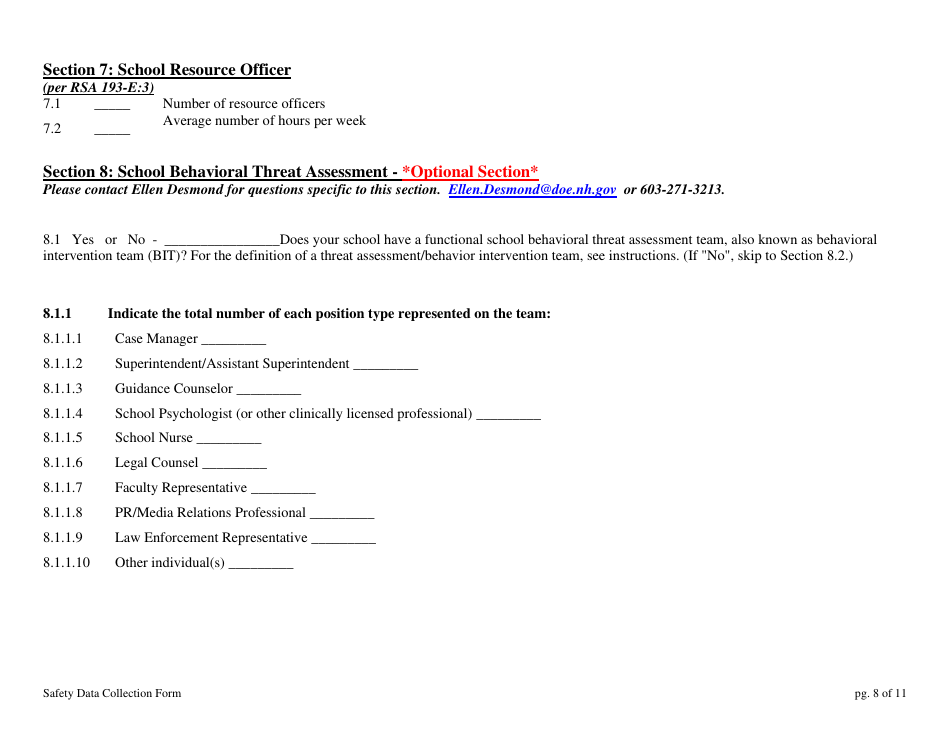 School Safety Data Collection Form - New Hampshire, Page 8