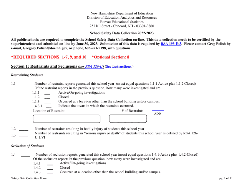 School Safety Data Collection Form - New Hampshire Download Pdf