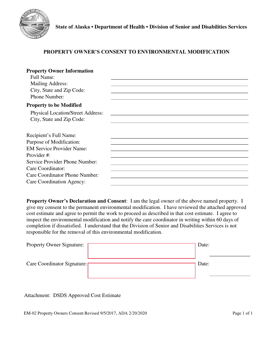 Form EM-02 Property Owners Consent to Environmental Modification - Alaska, Page 1