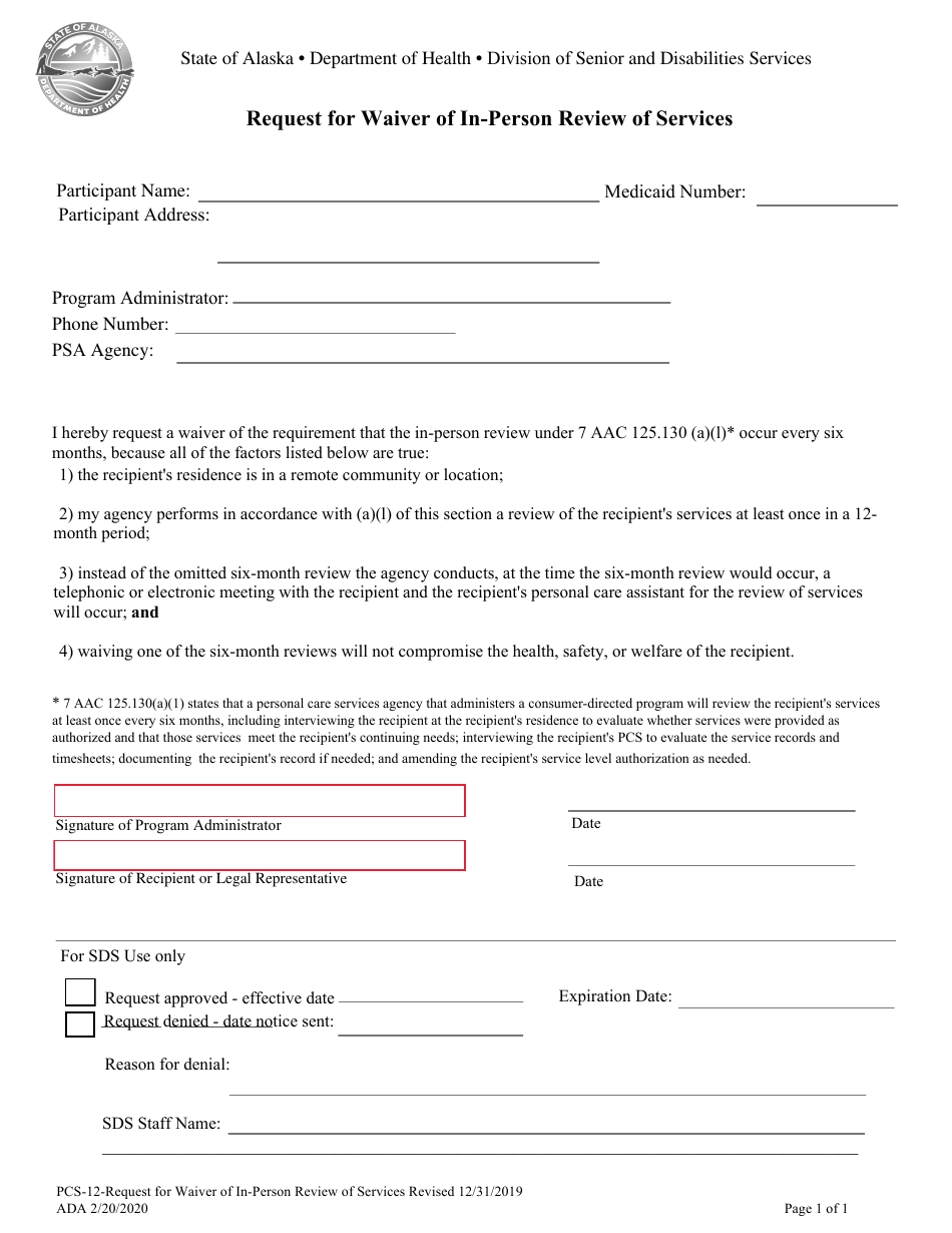 Form PCS-12 Request for Waiver of in-Person Review of Services - Alaska, Page 1