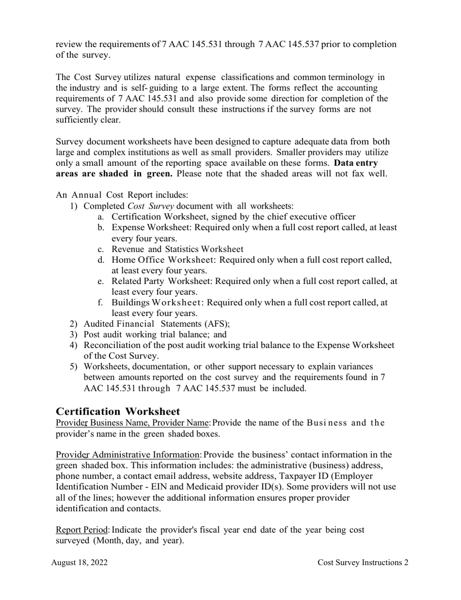 Instructions for Cost Survey - Alaska, Page 2