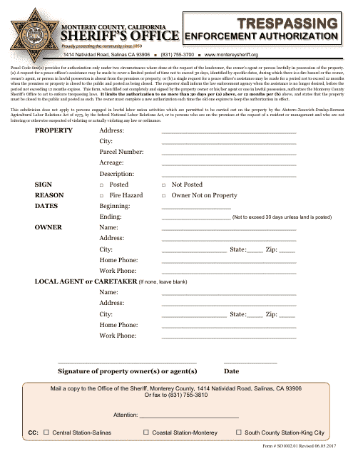 Form SO1002.01 Trespassing Enforcement Authorization - Monterey County, California
