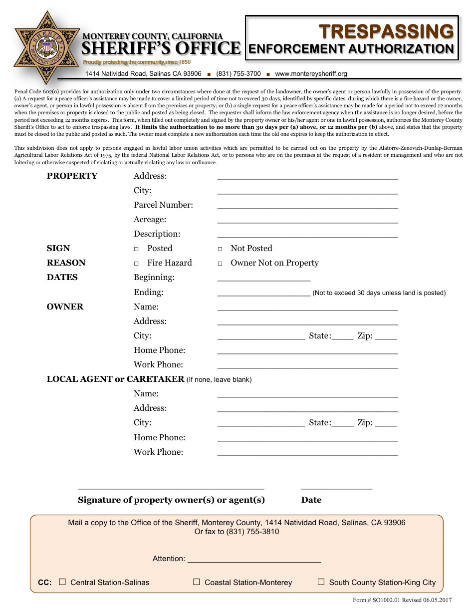 Form SO1002.01 Trespassing Enforcement Authorization - Monterey County, California, Page 1