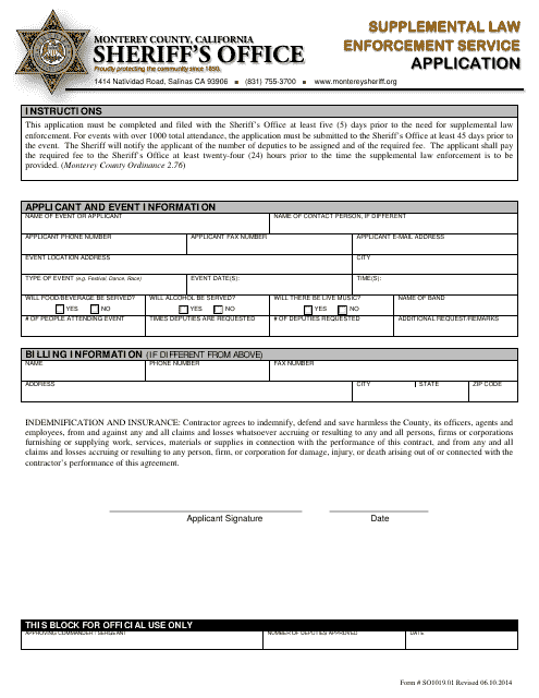 Form SO1019.01 Supplemental Law Enforcement Service Application - Monterey County, California