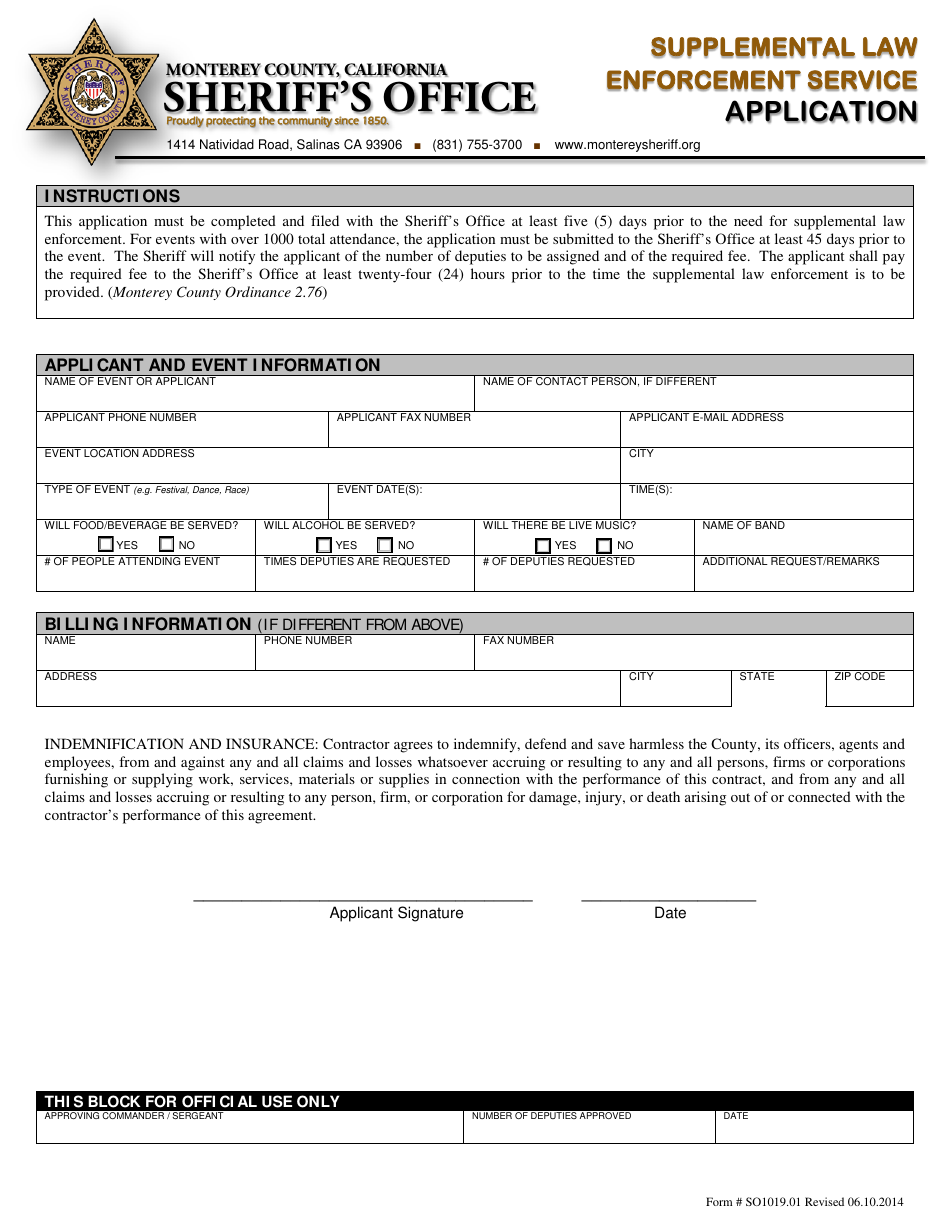 Form SO1019.01 Supplemental Law Enforcement Service Application - Monterey County, California, Page 1