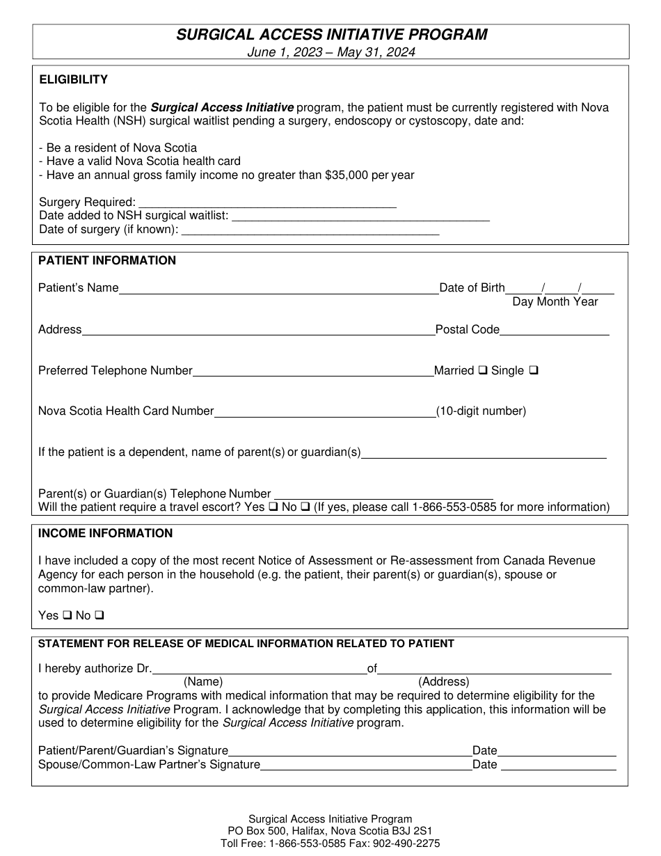 2024 Nova Scotia Canada Surgical Access Initiative Program Application   Surgical Access Initiative Program Application Form Nova Scotia Canada Print Big 