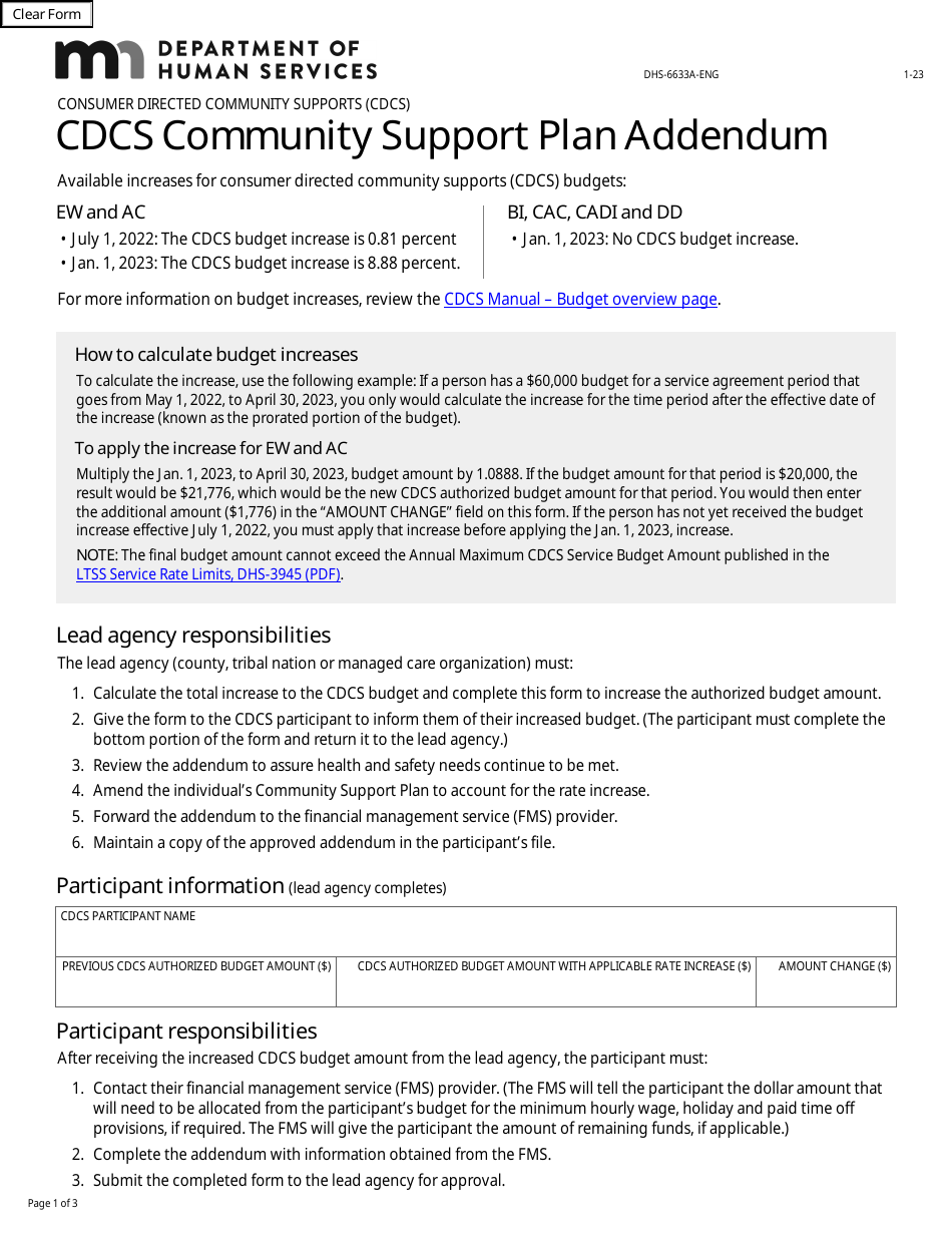 Form DHS-6633A-ENG CDCs Community Support Plan Addendum - Minnesota, Page 1