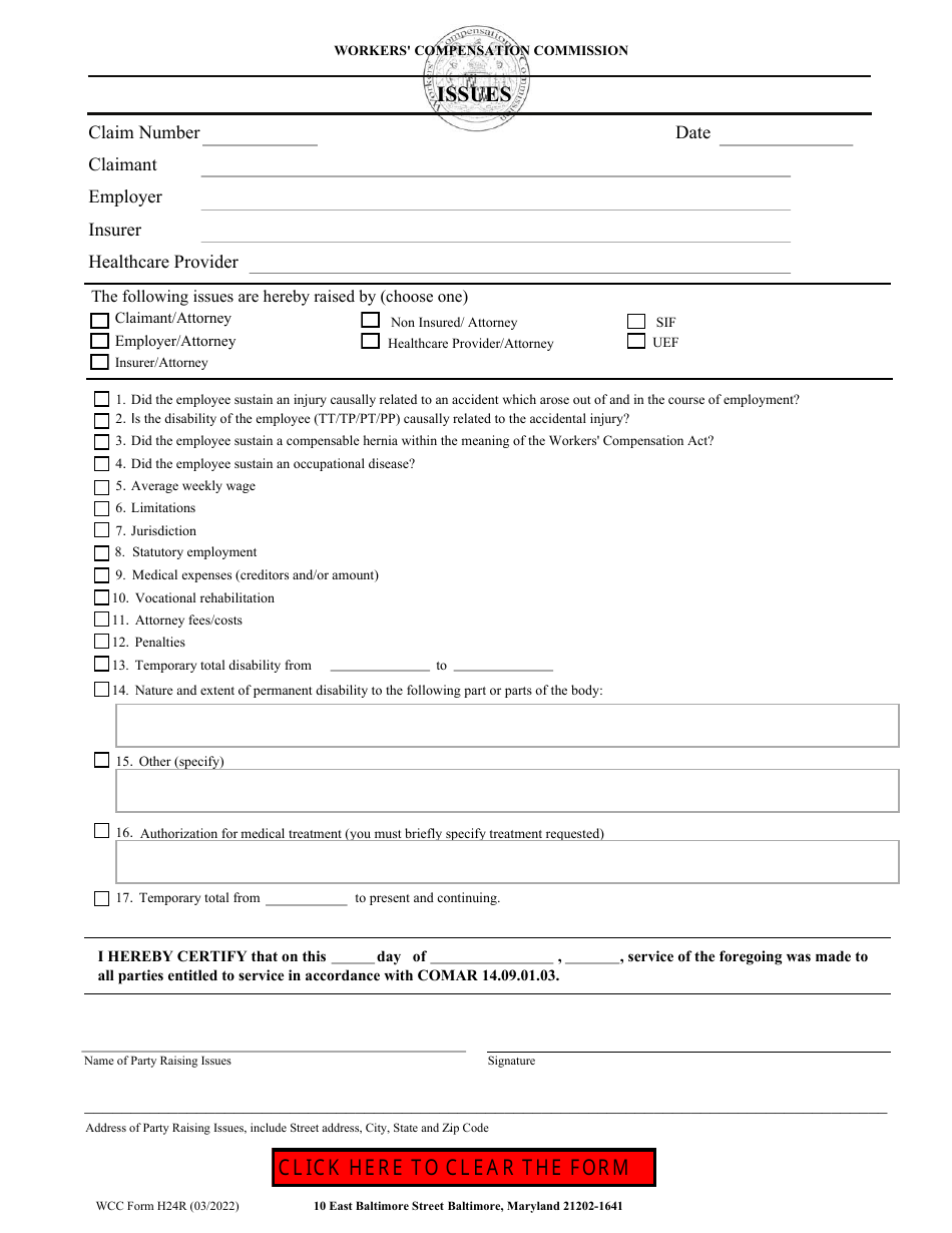 WCC Form H24R Issues - Maryland, Page 1