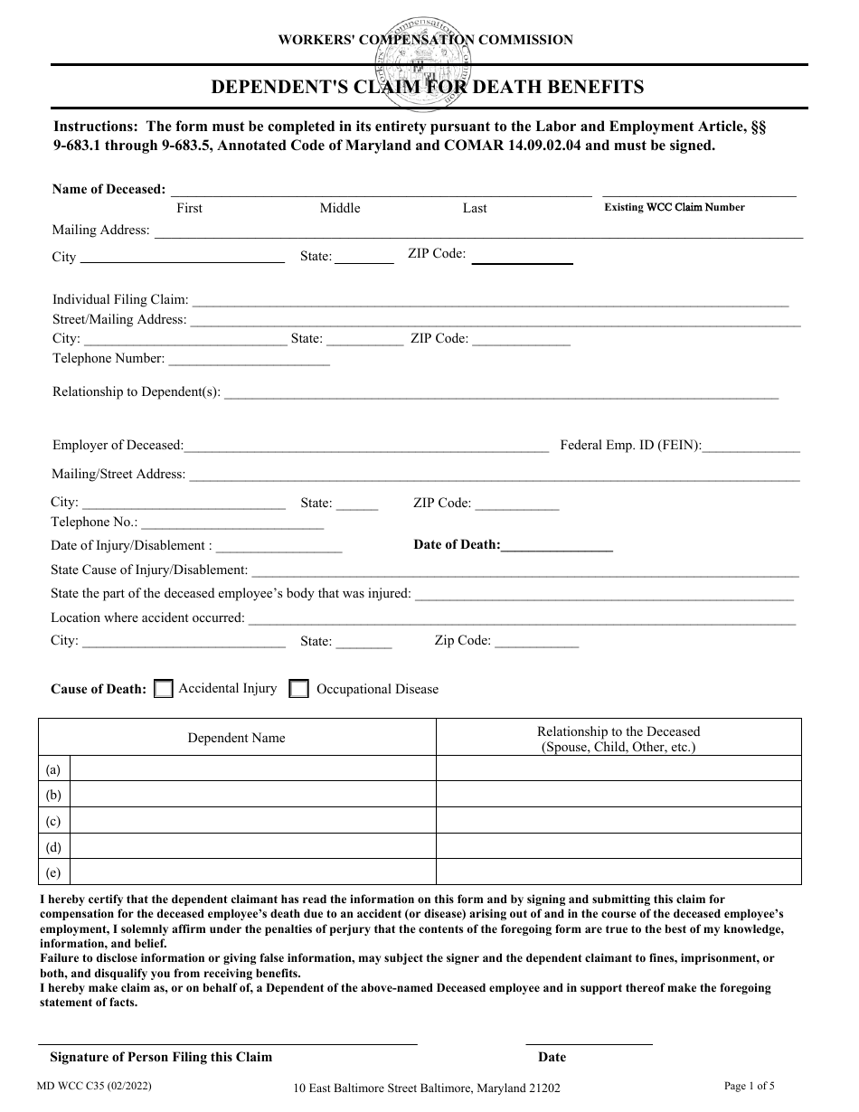 WCC Form C35 Dependents Claim for Death Benefits - Maryland, Page 1