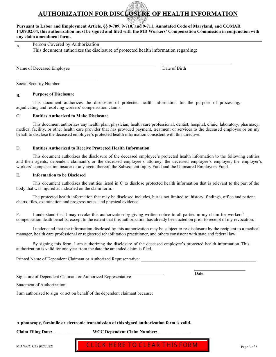 WCC Form C35 Dependents Claim for Death Benefits - Maryland, Page 3
