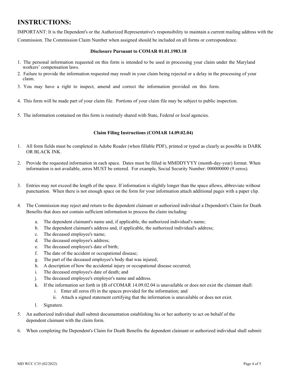 WCC Form C35 Dependents Claim for Death Benefits - Maryland, Page 4