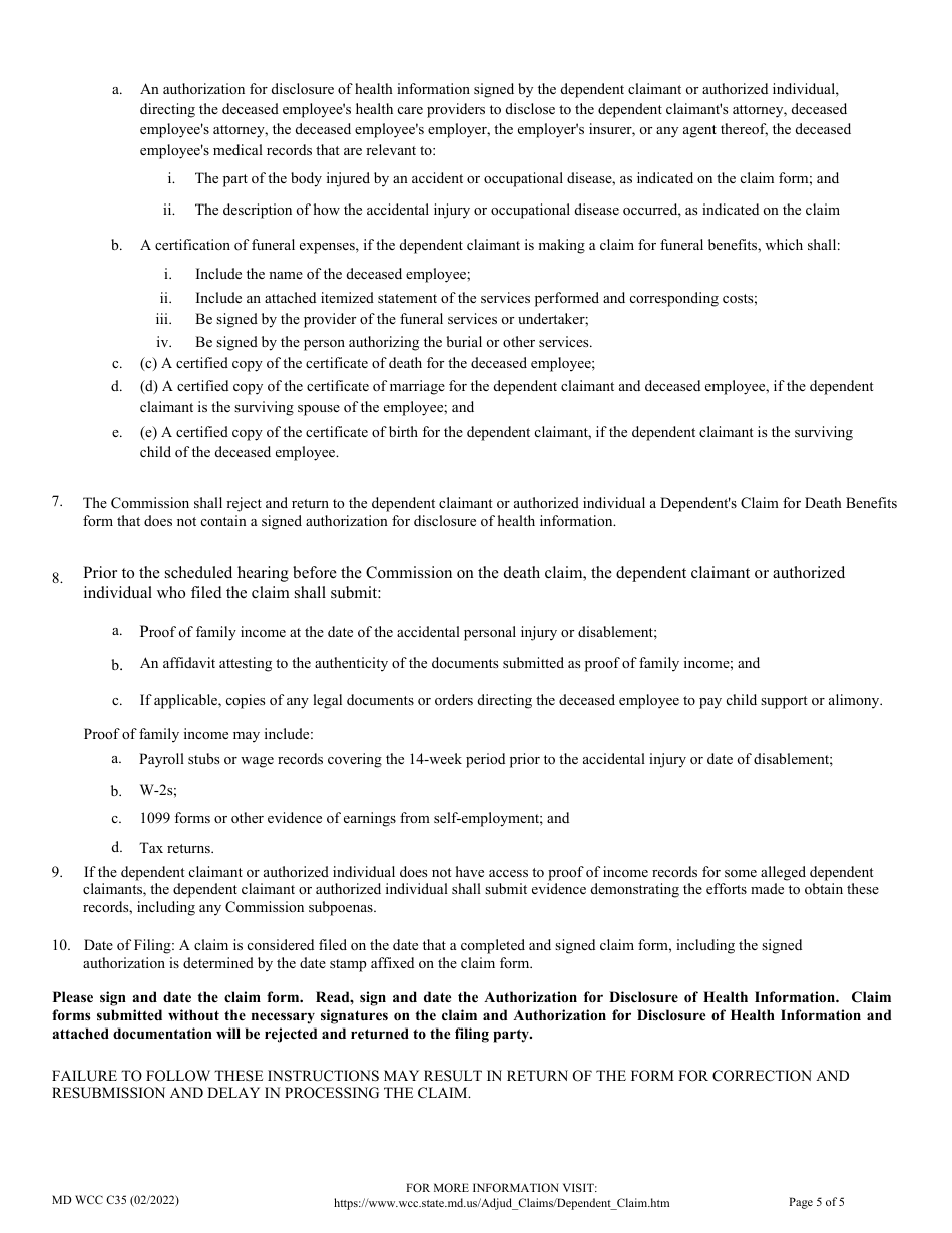 WCC Form C35 Dependents Claim for Death Benefits - Maryland, Page 5