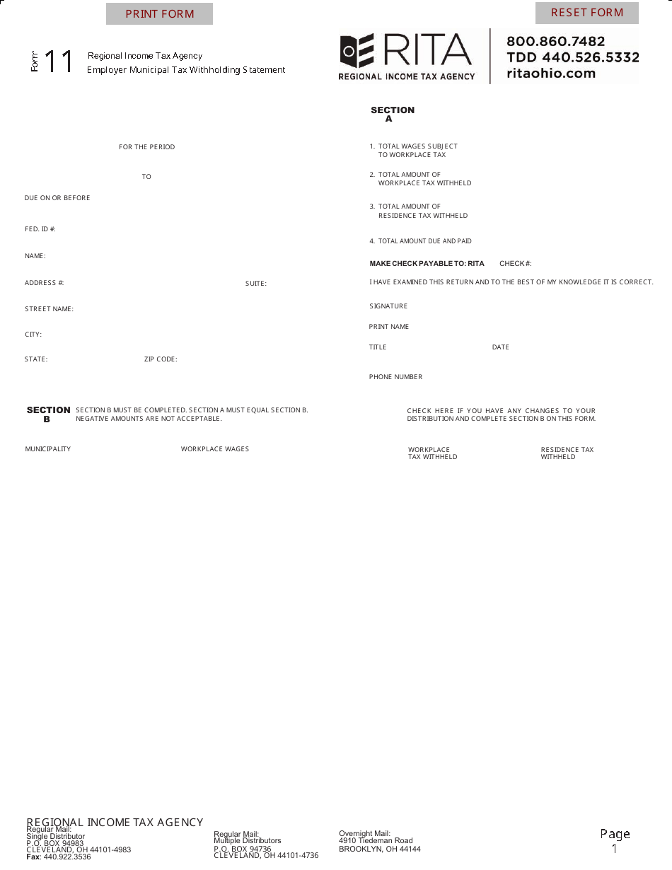 Form 11 Employers Municipal Tax Withholding Statement - Ohio, Page 1