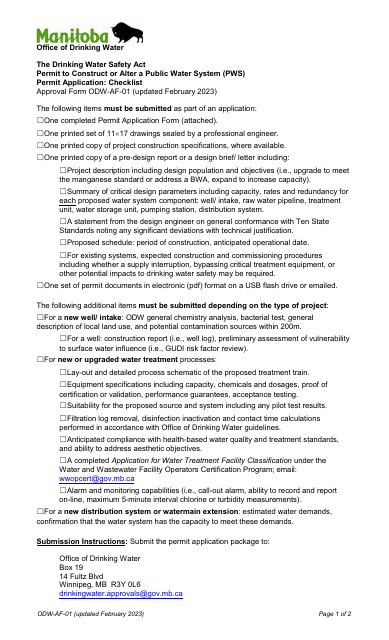 Form ODW-AF-01 Public Water System (Pws) Permit Application - Manitoba, Canada