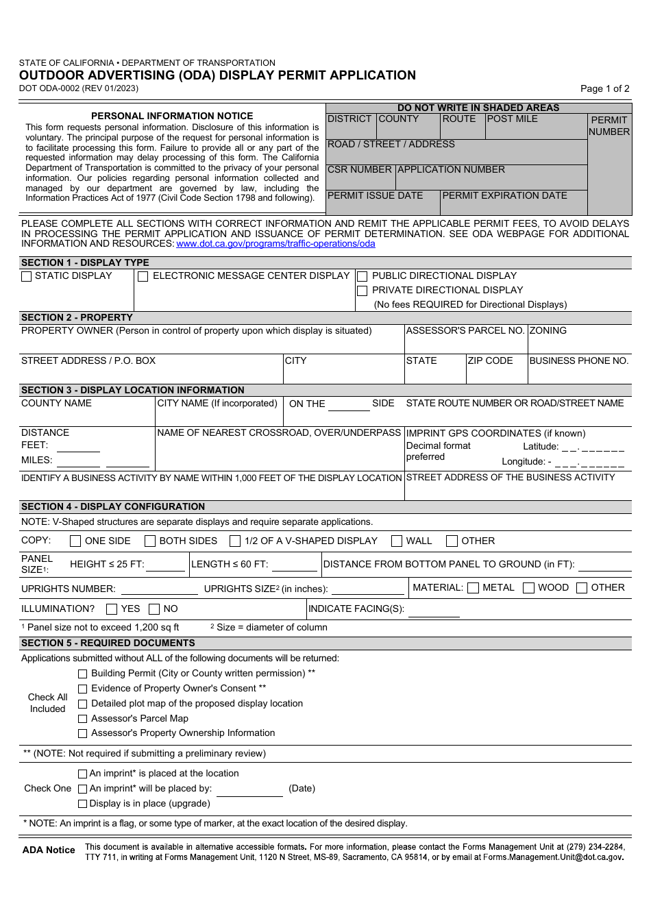 Form DOT ODA-0002 Outdoor Advertising (Oda) Display Permit Application - California, Page 1