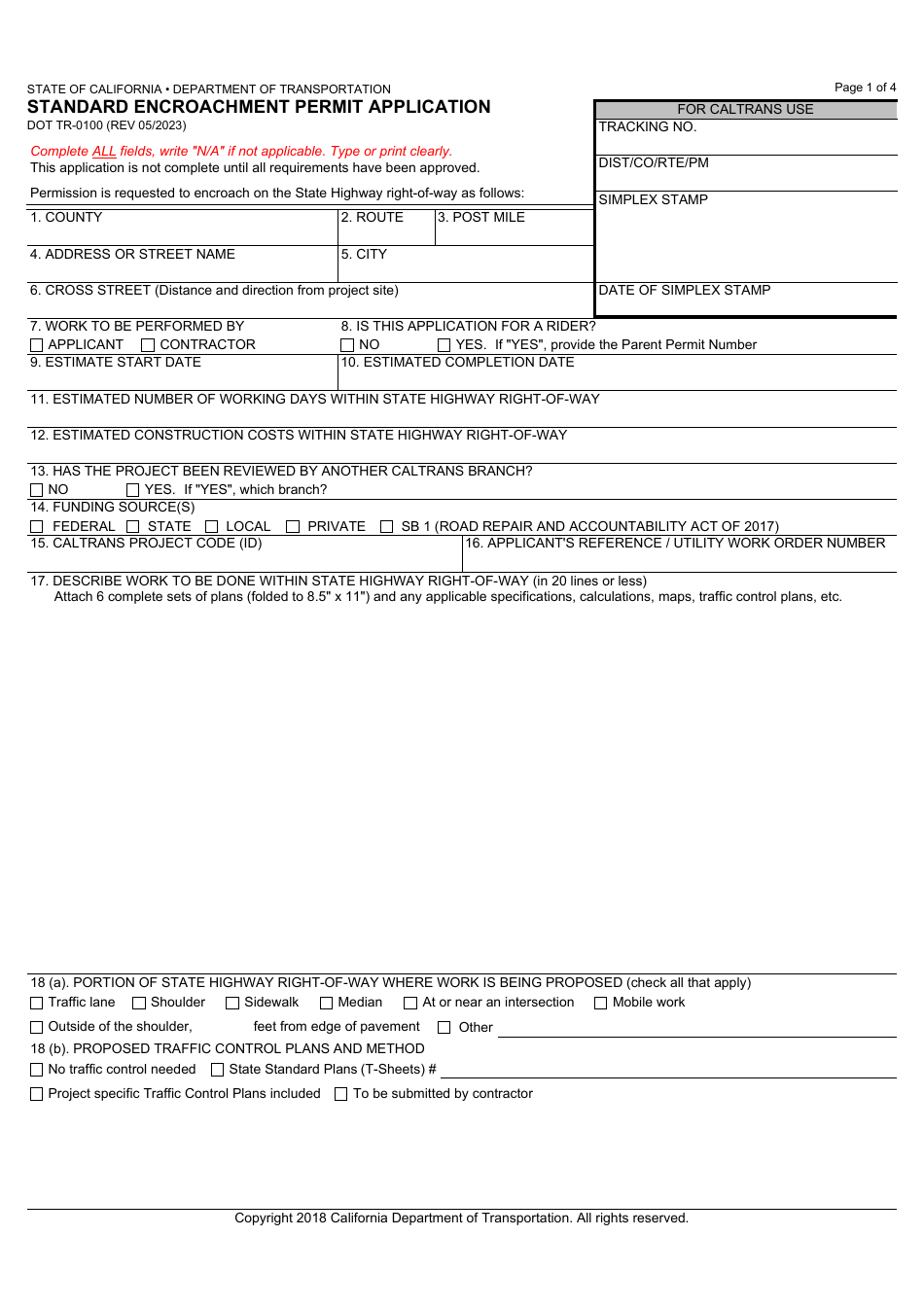Form DOT TR-0100 Standard Encroachment Permit Application - California, Page 1