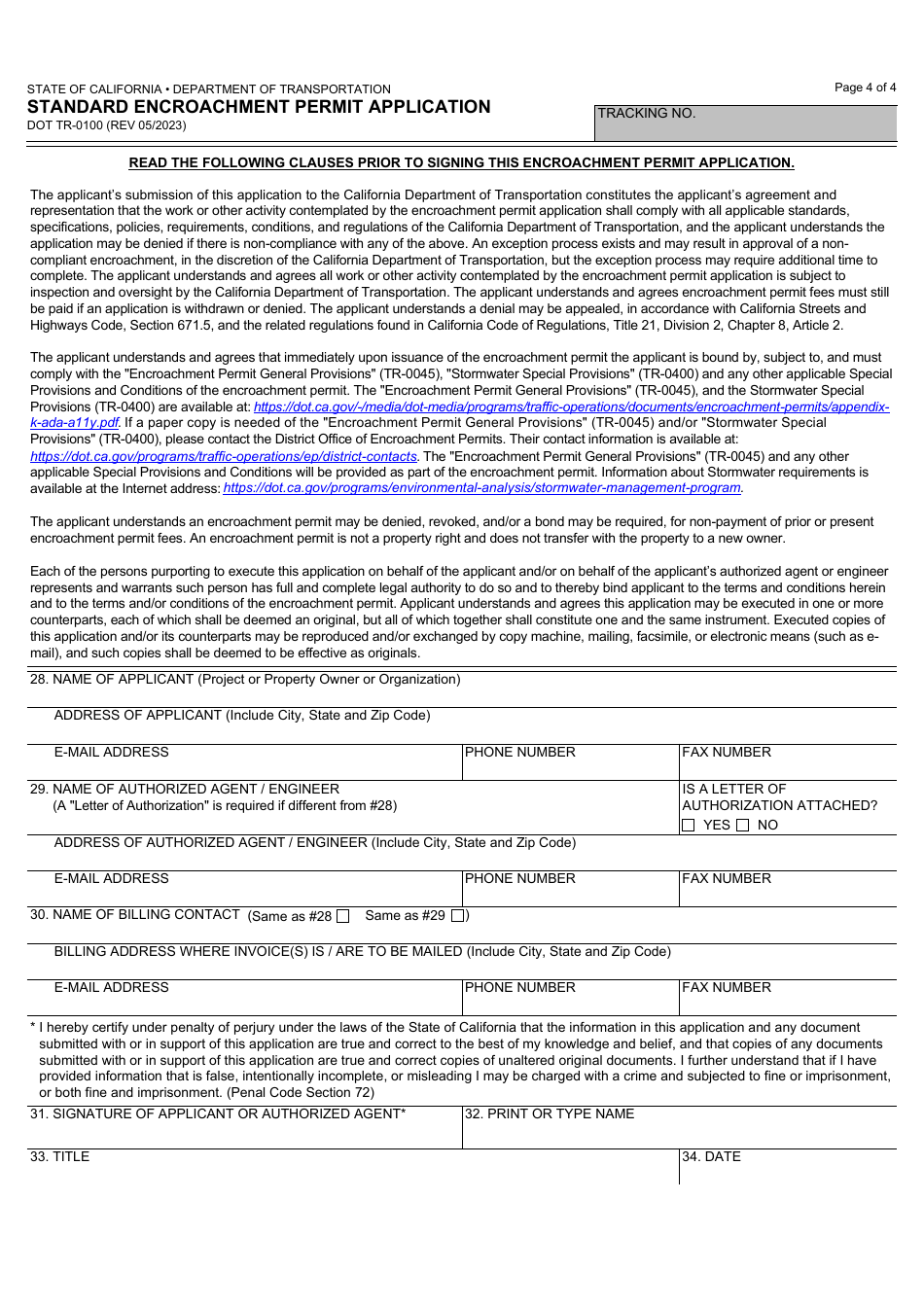 Form DOT TR-0100 Standard Encroachment Permit Application - California, Page 4
