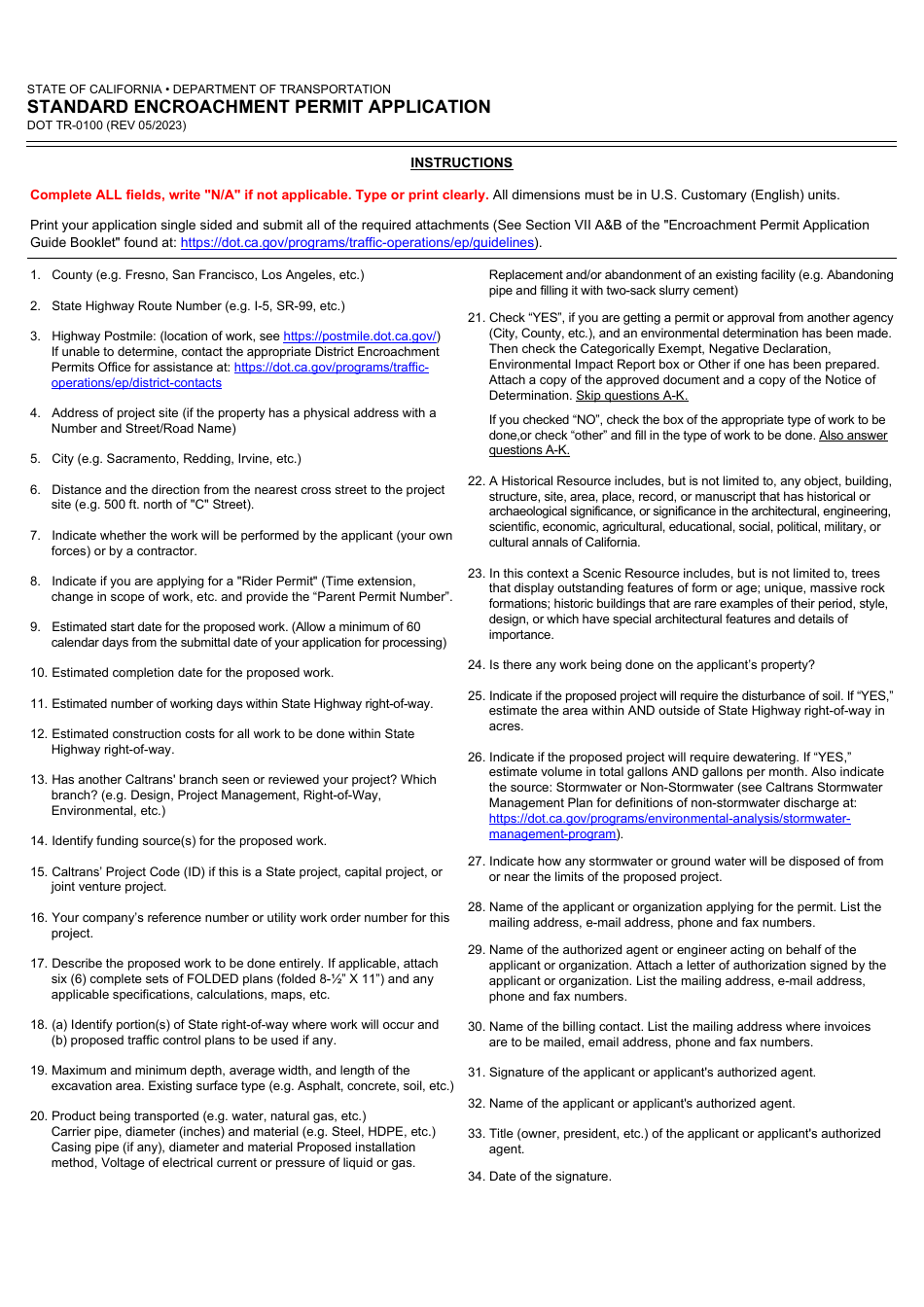 Form DOT TR-0100 Standard Encroachment Permit Application - California, Page 5