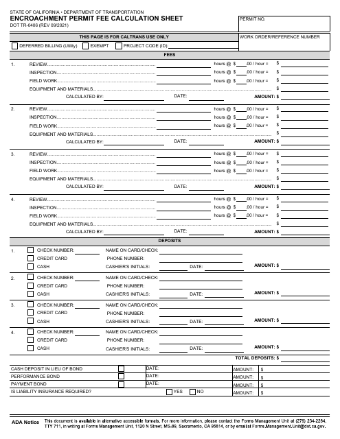 Form DOT TR-PER-0406 Encroachment Permit Fee Calculation Sheet - California