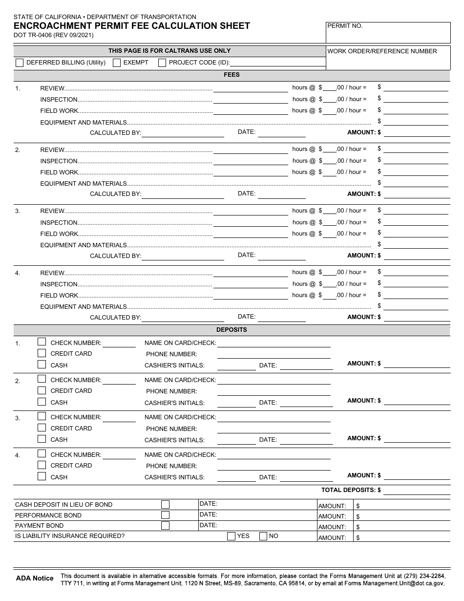 Form DOT TR-PER-0406 Encroachment Permit Fee Calculation Sheet - California, Page 1