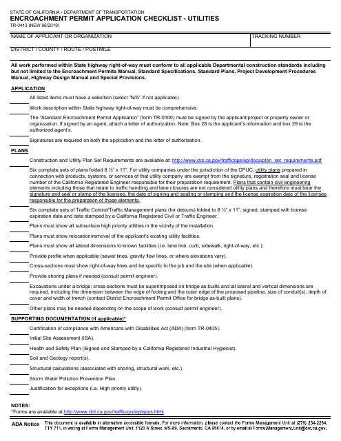 Form TR-0413 Encroachment Permit Application Checklist - Utilities - California