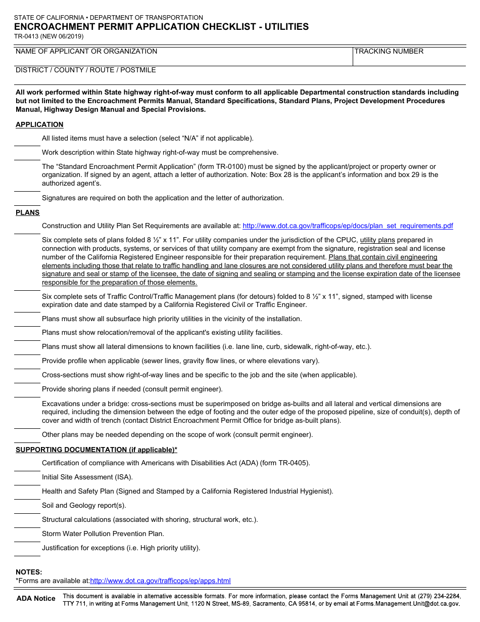 Form TR-0413 Encroachment Permit Application Checklist - Utilities - California, Page 1