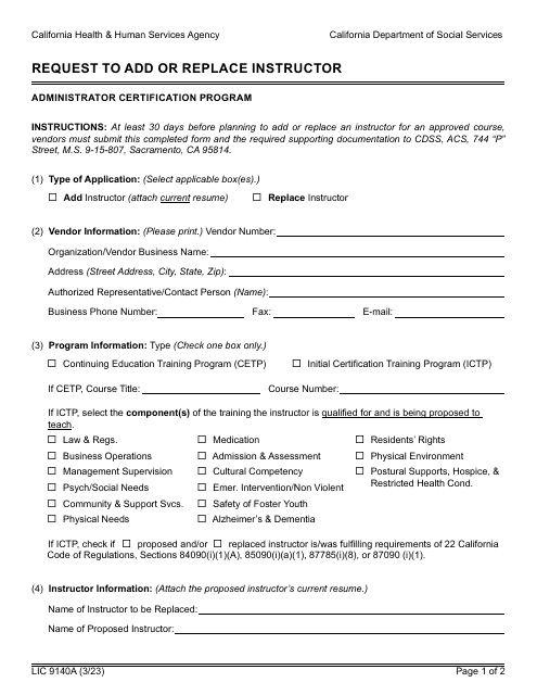 Form LIC9140A Request to Add or Replace Instructor - California
