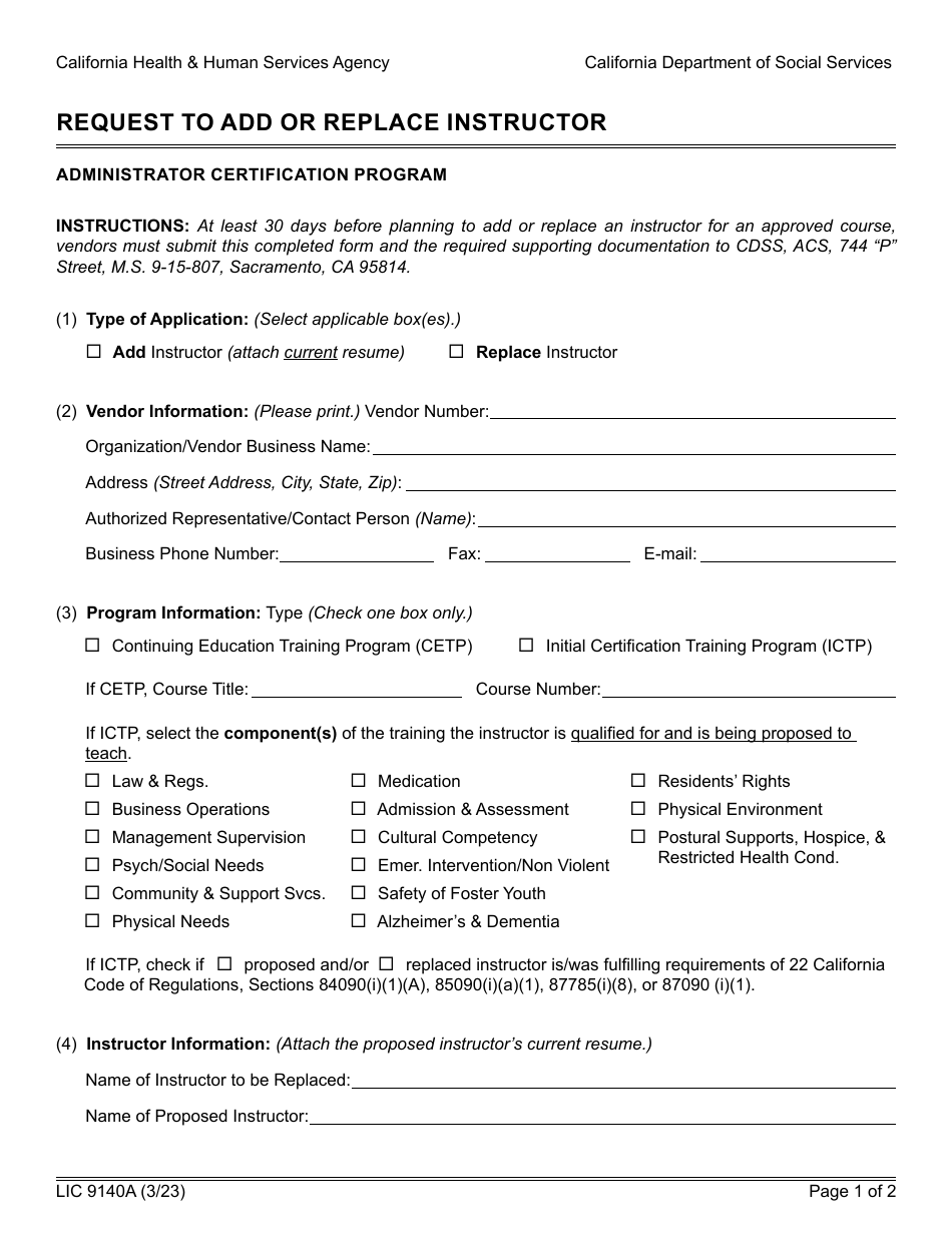 Form LIC9140A Request to Add or Replace Instructor - California, Page 1