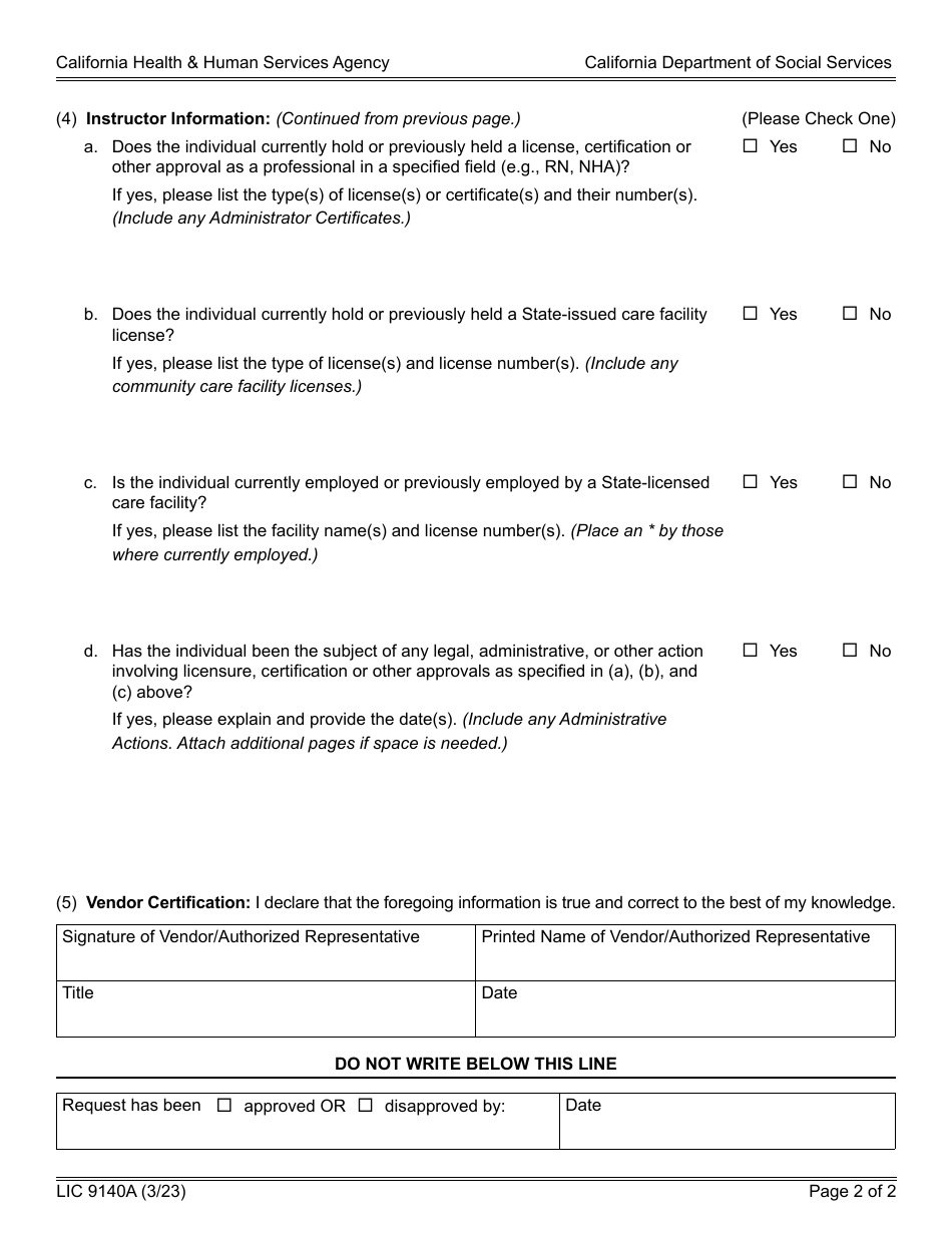 Form LIC9140A Request to Add or Replace Instructor - California, Page 2