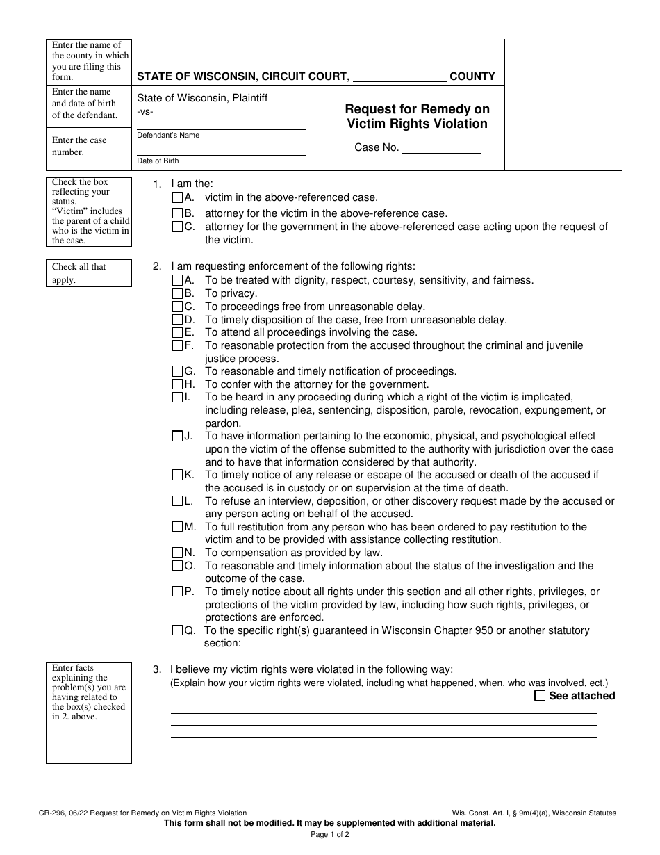 Form CR-296 Request for Remedy on Victim Rights Violation - Wisconsin, Page 1