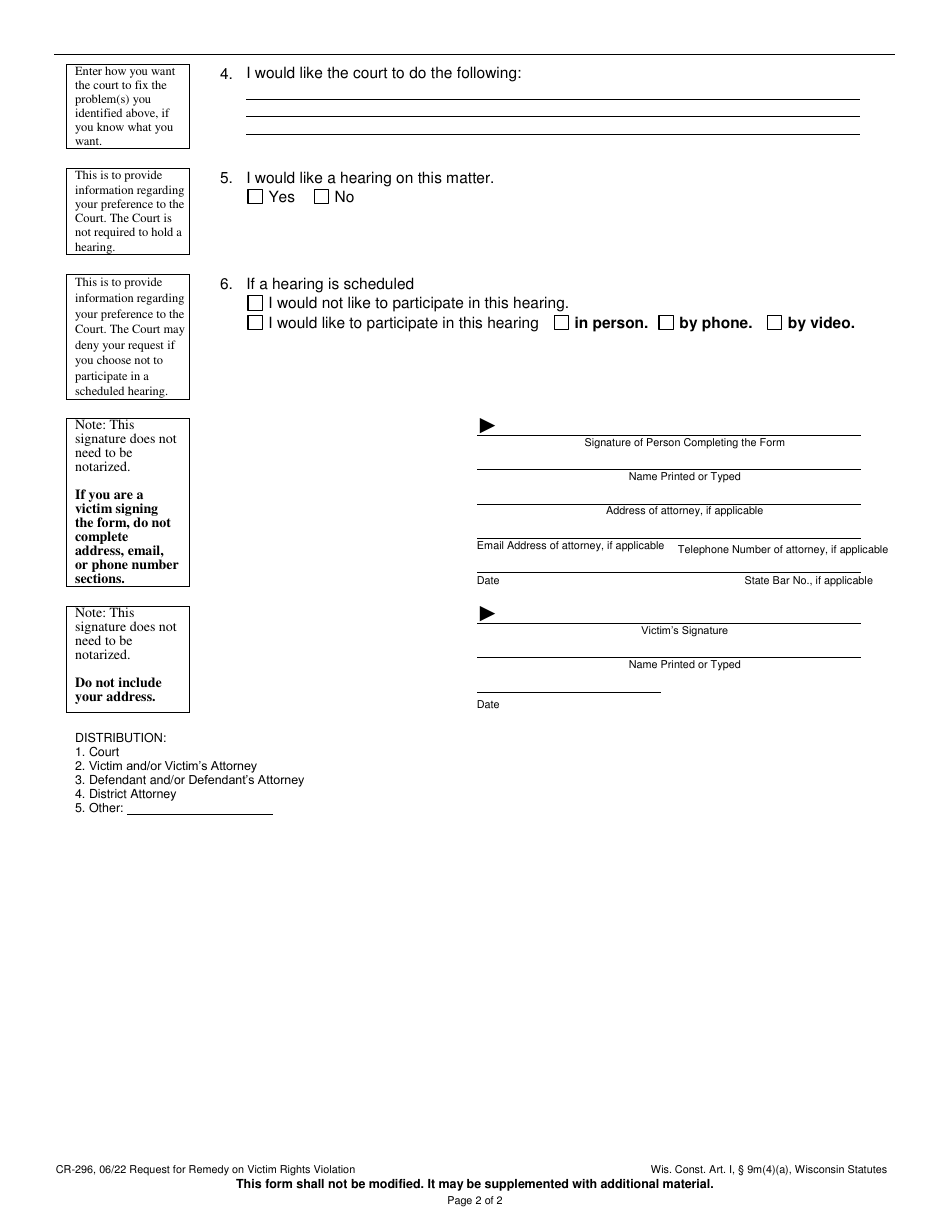 Form CR-296 Request for Remedy on Victim Rights Violation - Wisconsin, Page 2