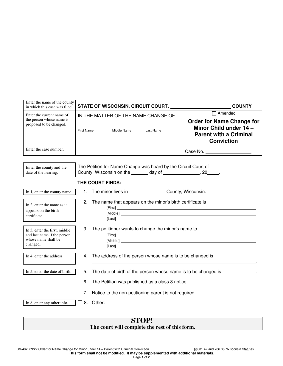 Form CV-482 Order for Name Change for Minor Child Under 14 - Parent With a Criminal Conviction - Wisconsin, Page 1