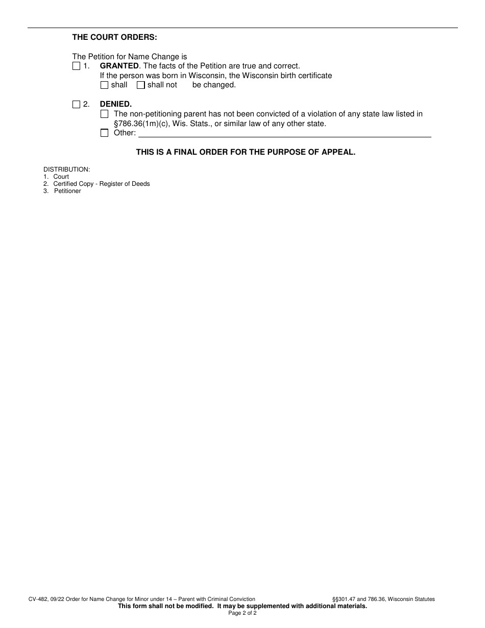 Form CV-482 Order for Name Change for Minor Child Under 14 - Parent With a Criminal Conviction - Wisconsin, Page 2