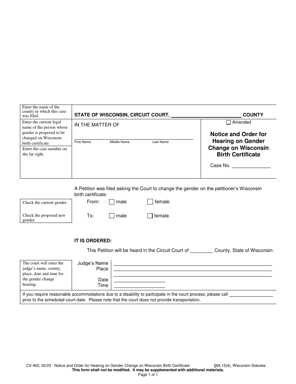 Form CV-462 Notice and Order for Hearing on Gender Change on Wisconsin Birth Certificate - Wisconsin, Page 1