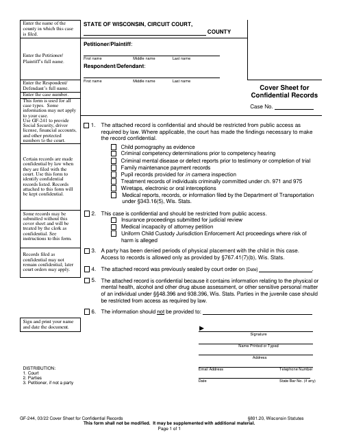 Form GF-244 Cover Sheet for Confidential Records - Wisconsin