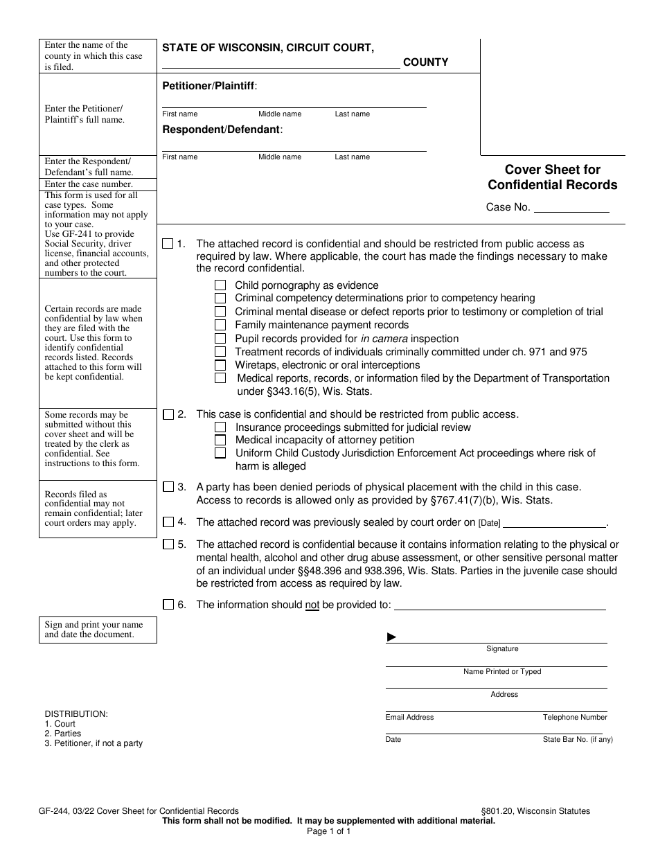Form GF-244 Cover Sheet for Confidential Records - Wisconsin, Page 1