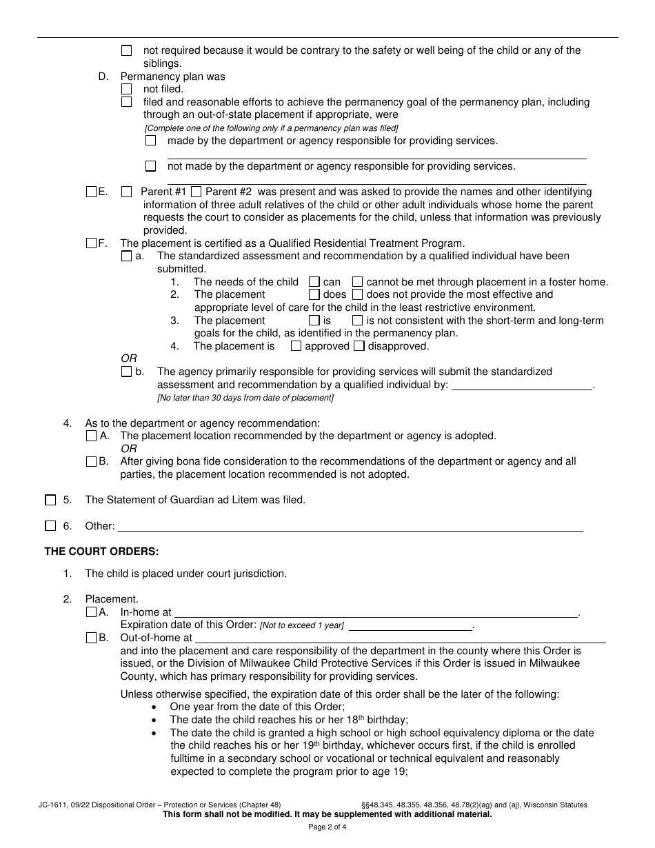 Form JC-1611 Dispositional Order - Protection or Services (Chapter 48) - Wisconsin, Page 2