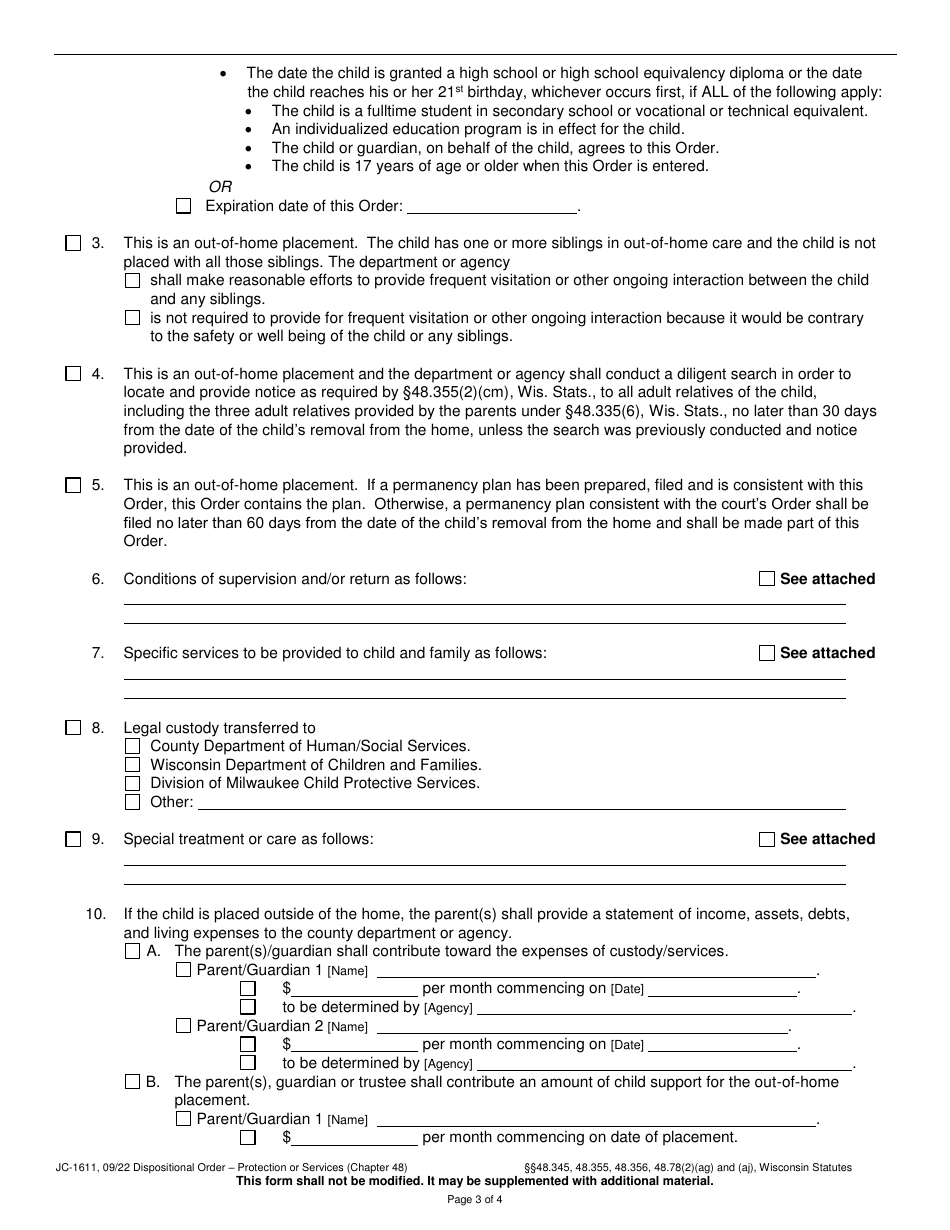 Form JC-1611 Dispositional Order - Protection or Services (Chapter 48) - Wisconsin, Page 3