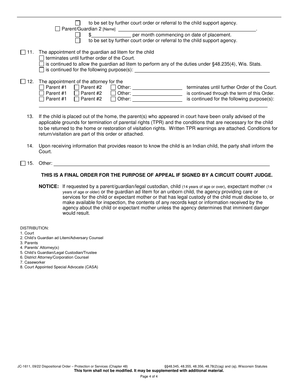 Form JC-1611 Dispositional Order - Protection or Services (Chapter 48) - Wisconsin, Page 4