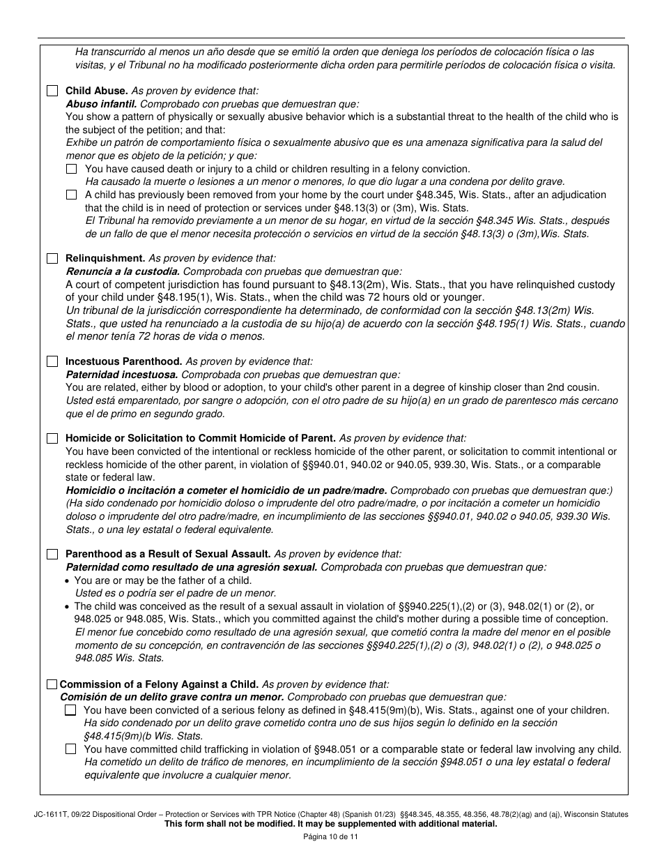 Form JC-1611T Dispositional Order - Protection or Services With Termination of Parental Rights Notice (Chapter 48) - Wisconsin (English / Spanish), Page 10