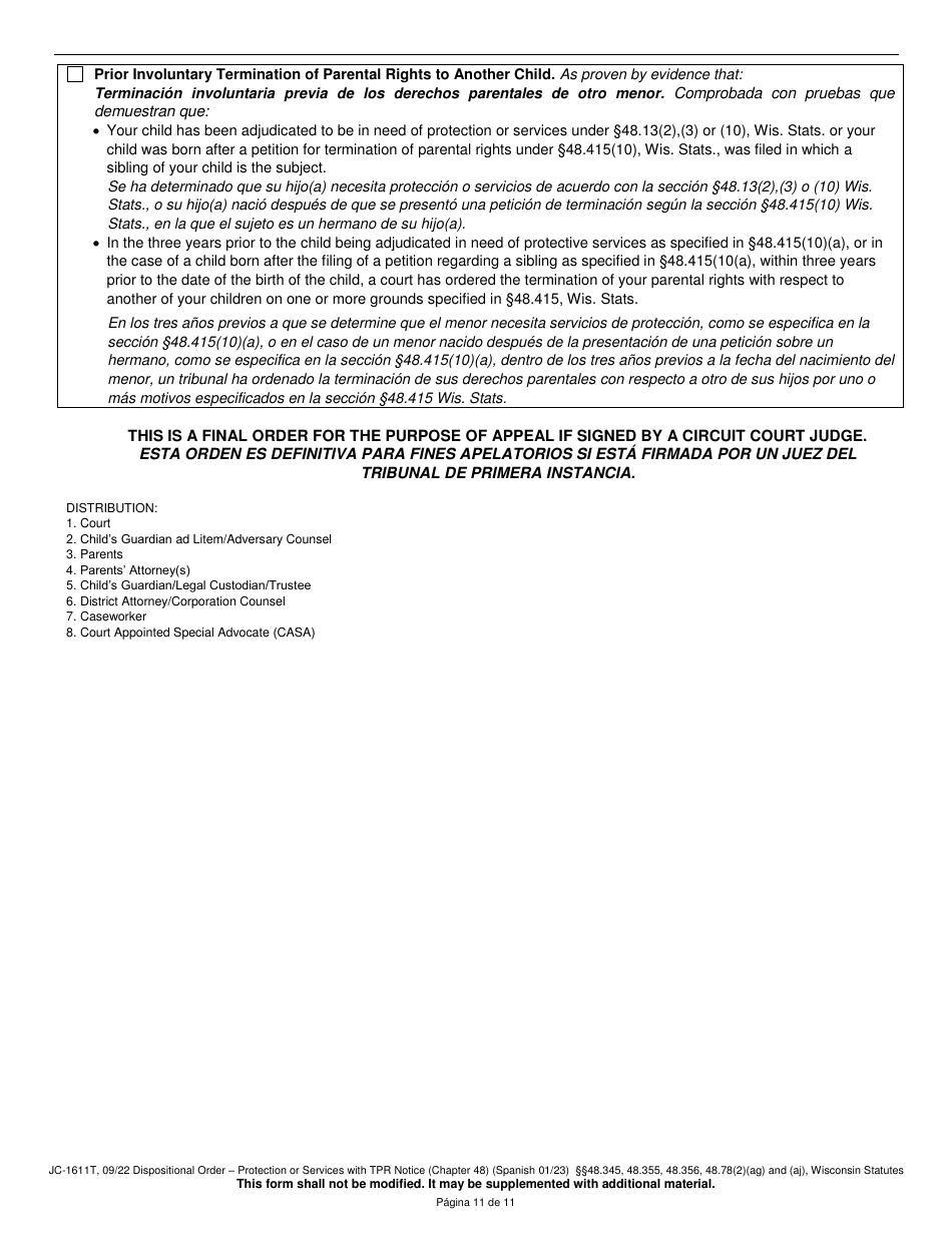 Form JC-1611T Dispositional Order - Protection or Services With Termination of Parental Rights Notice (Chapter 48) - Wisconsin (English / Spanish), Page 11
