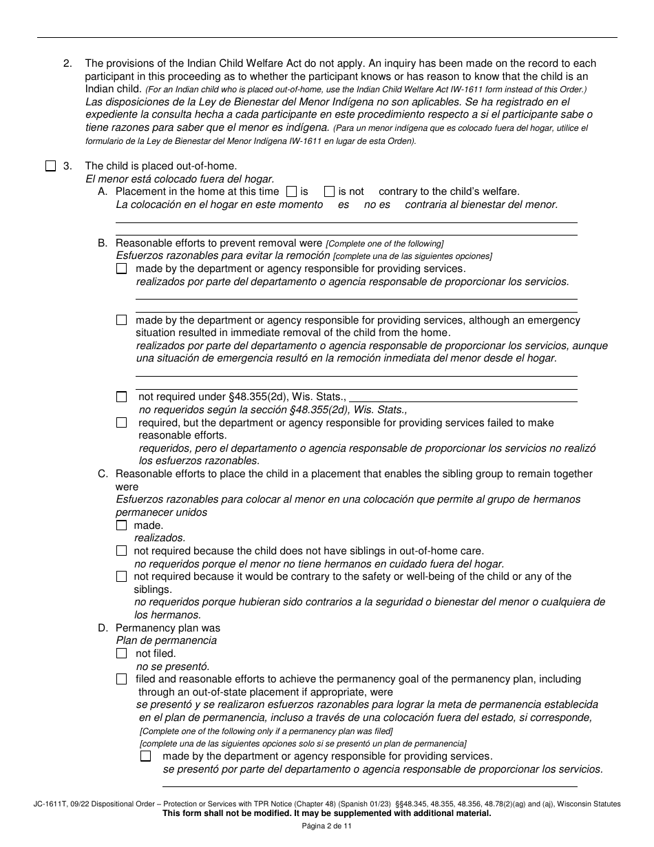 Form JC-1611T Dispositional Order - Protection or Services With Termination of Parental Rights Notice (Chapter 48) - Wisconsin (English / Spanish), Page 2