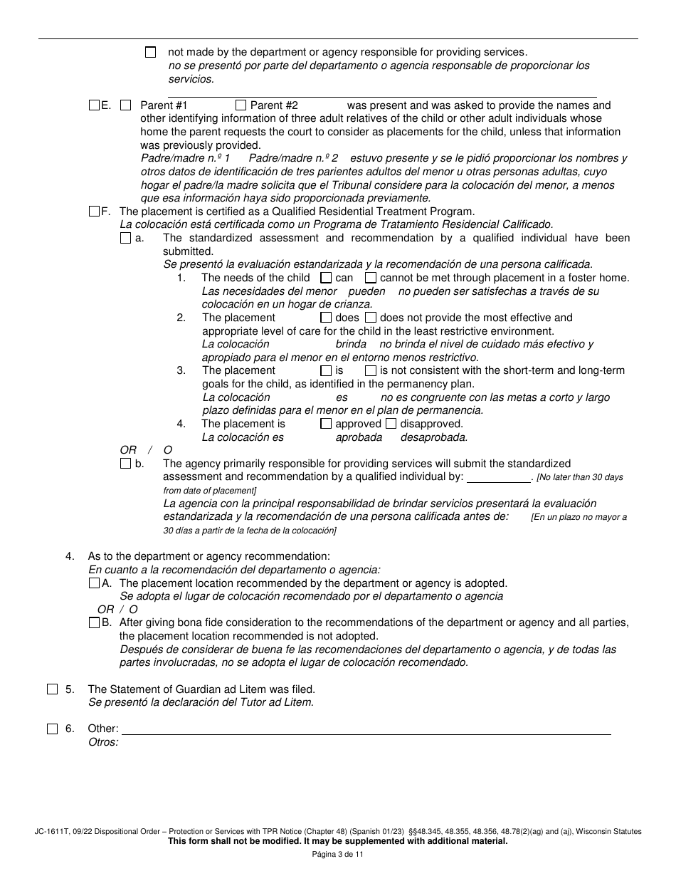 Form JC-1611T Dispositional Order - Protection or Services With Termination of Parental Rights Notice (Chapter 48) - Wisconsin (English / Spanish), Page 3