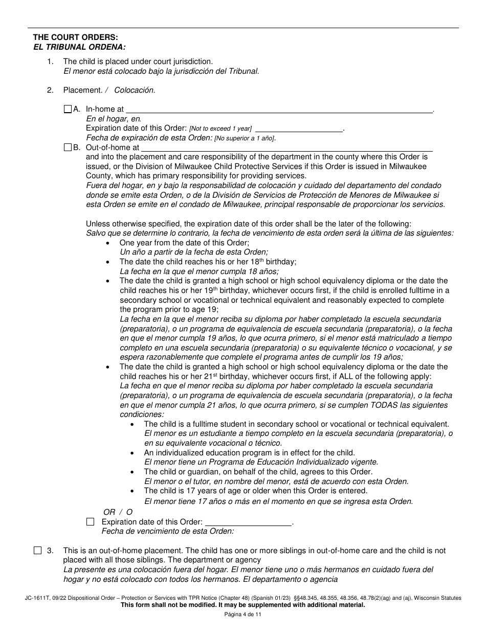 Form JC-1611T Dispositional Order - Protection or Services With Termination of Parental Rights Notice (Chapter 48) - Wisconsin (English / Spanish), Page 4